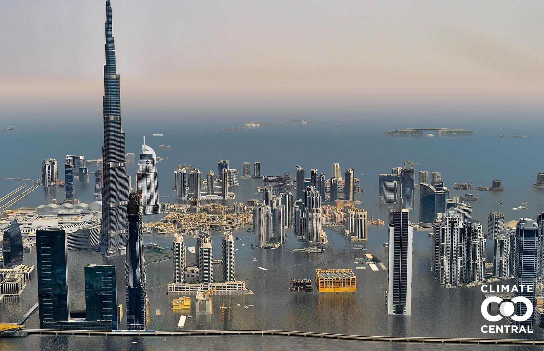 <p>The Burj Khalifa is the tallest building in the world at more than 2,716.5-feet (828m) high, but its mighty size won’t stop it being ravaged by climate change. As well as consuming the lower storeys of the skyscraper, surrounding roads, green spaces and low-rise buildings would be swallowed up by rising water.</p>