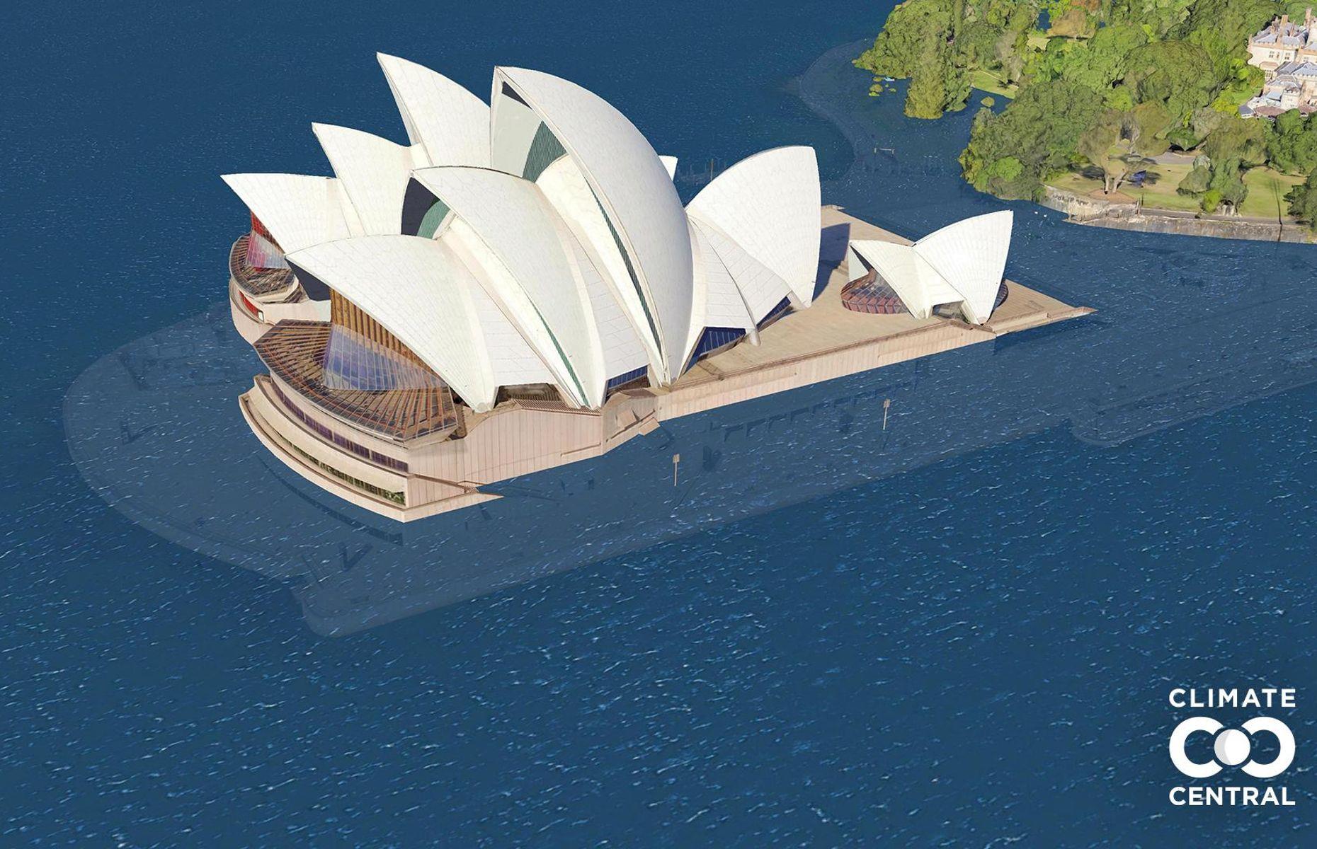 A world-famous landmark along Sydney Harbour, the Sydney Opera House looks a sorry state with the lower levels of the building subsumed underwater in this image. But that’s exactly what will happen if climate change continues along its current trajectory.