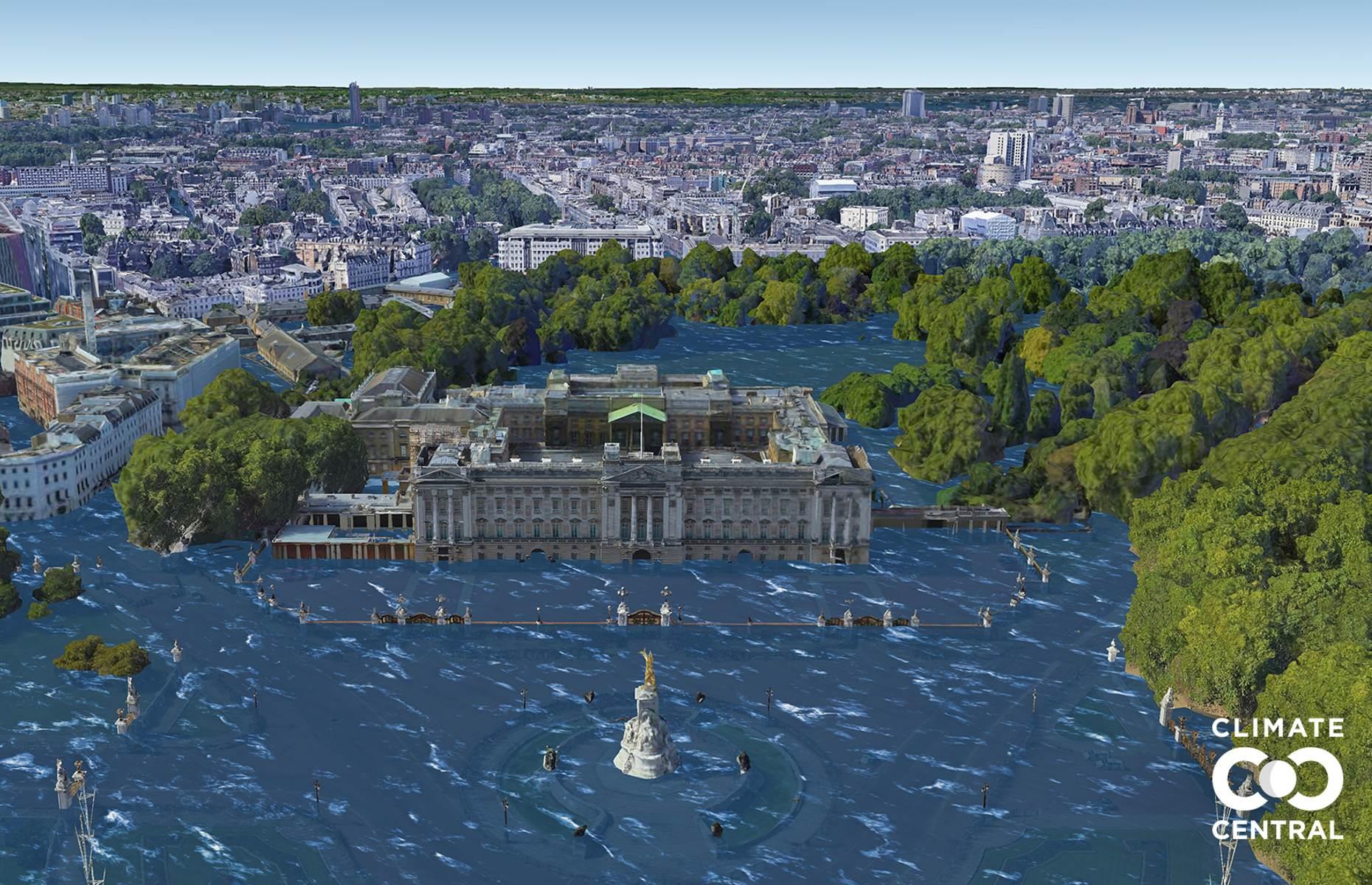 The British royals’ official residence since 1837, Buckingham Palace in London, England would fare badly in the event of 3°C (5.4°F) of warming, due in part to its proximity to the River Thames. Its surrounding grounds would be submerged in water, as would the lower levels of the palace itself, according to imaging from Climate Central.