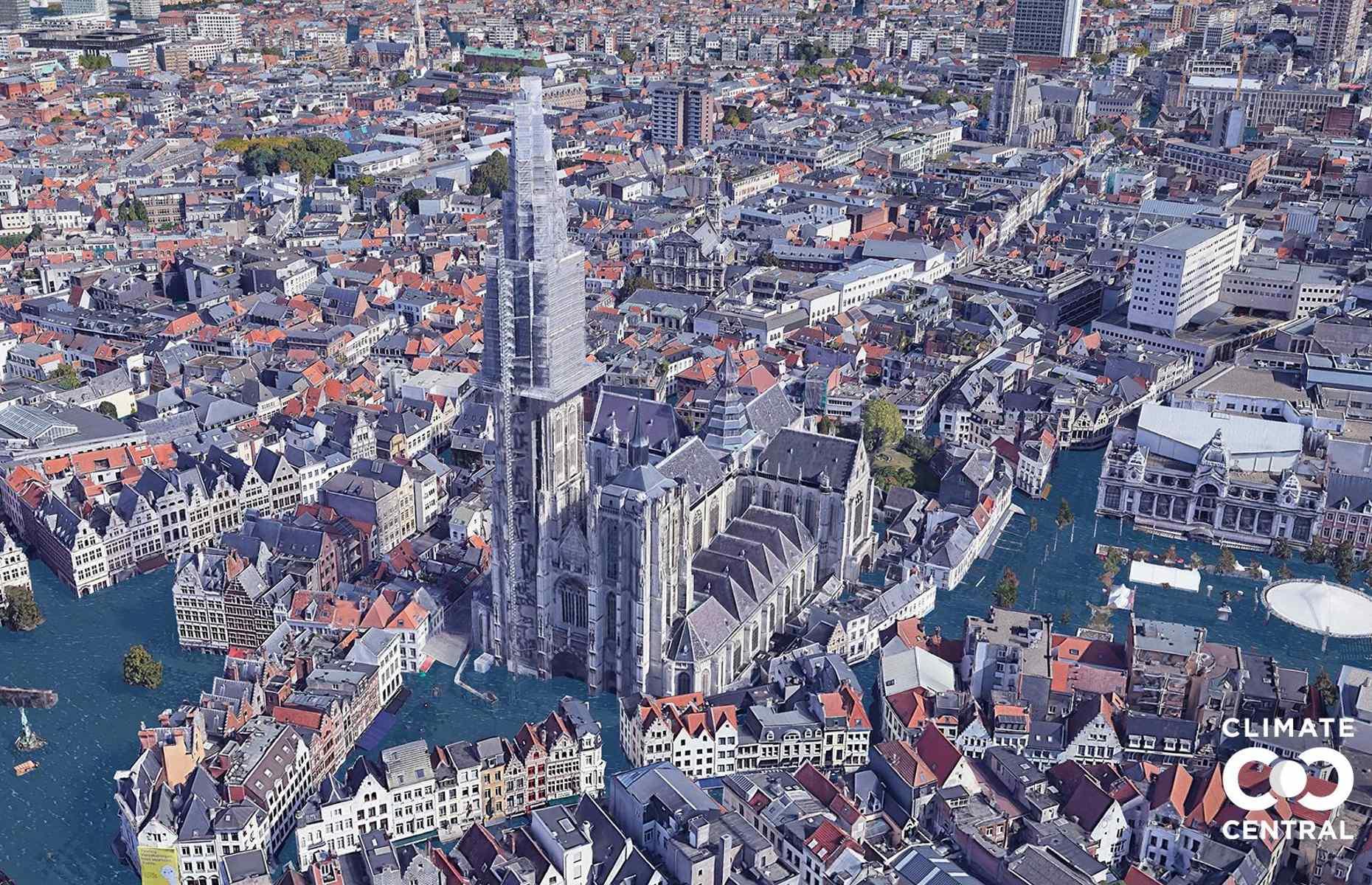 Antwerp’s position on the banks of the River Scheldt makes it especially vulnerable to sea level rise. Shown here, the 16th-century Cathedral of our Lady and the historic city centre could become badly flooded if climate change continues at its current rate.