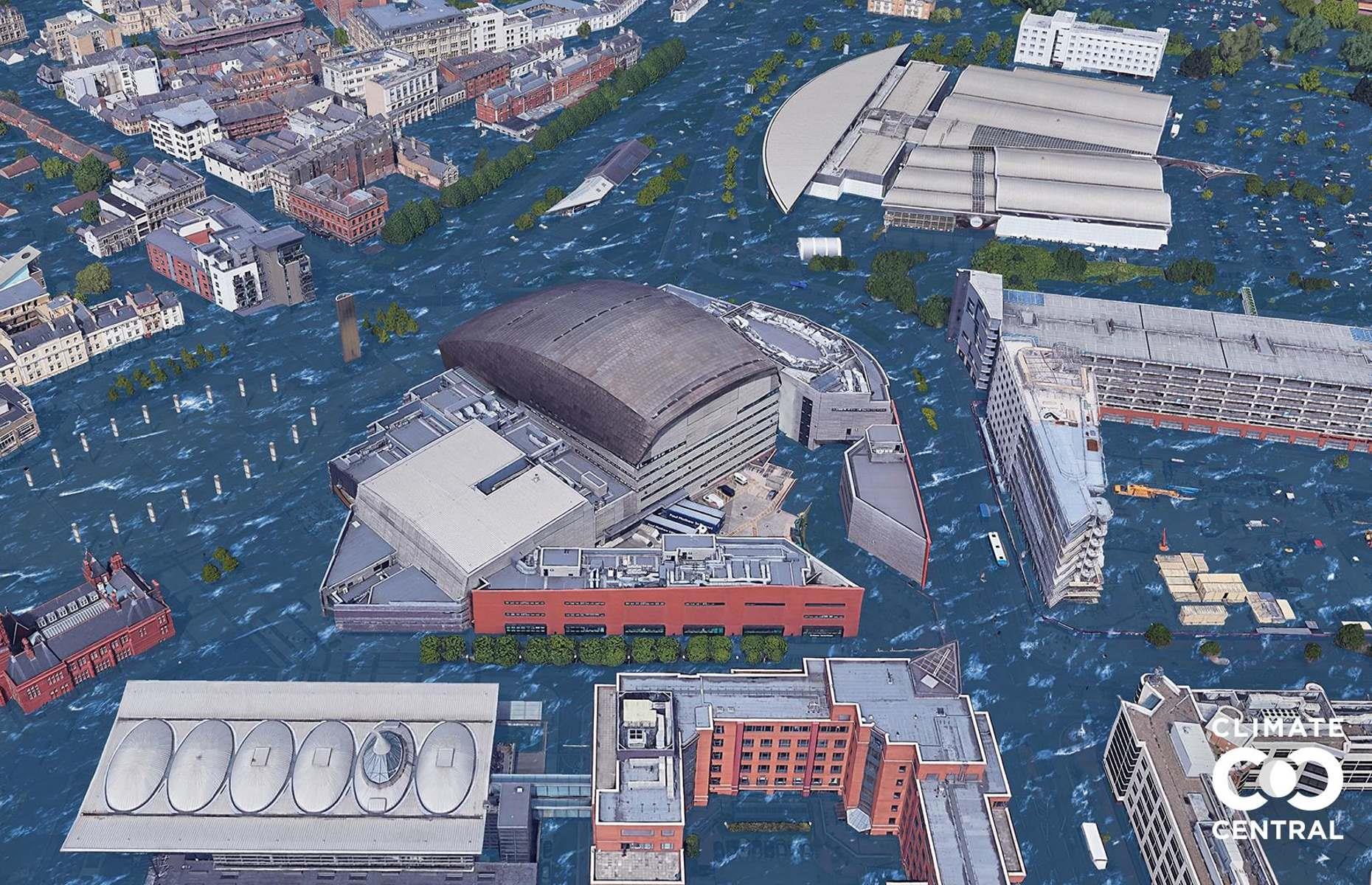 Huge areas of Cardiff, which faces onto the Bristol Channel, would be underwater in the event of unchecked global warming – as you can see from this shocking image of the Wales Millennium Centre. In fact, if you look closely in the left-hand corner, only the rooftops of some houses are visible above the water.