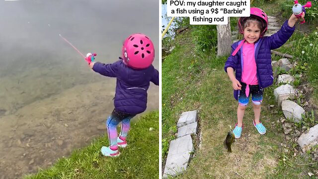 Adorable little girl lands a fish using her Barbie fishing rod