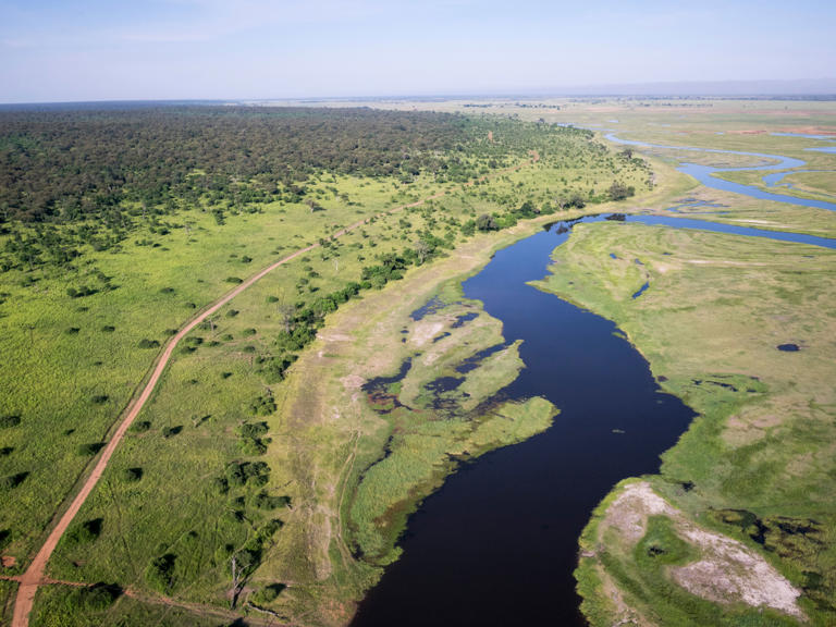 Africa, Botswana, Chobe National Park, Aerial view of Chobe River in Okavango Delta near Ihaha Camp