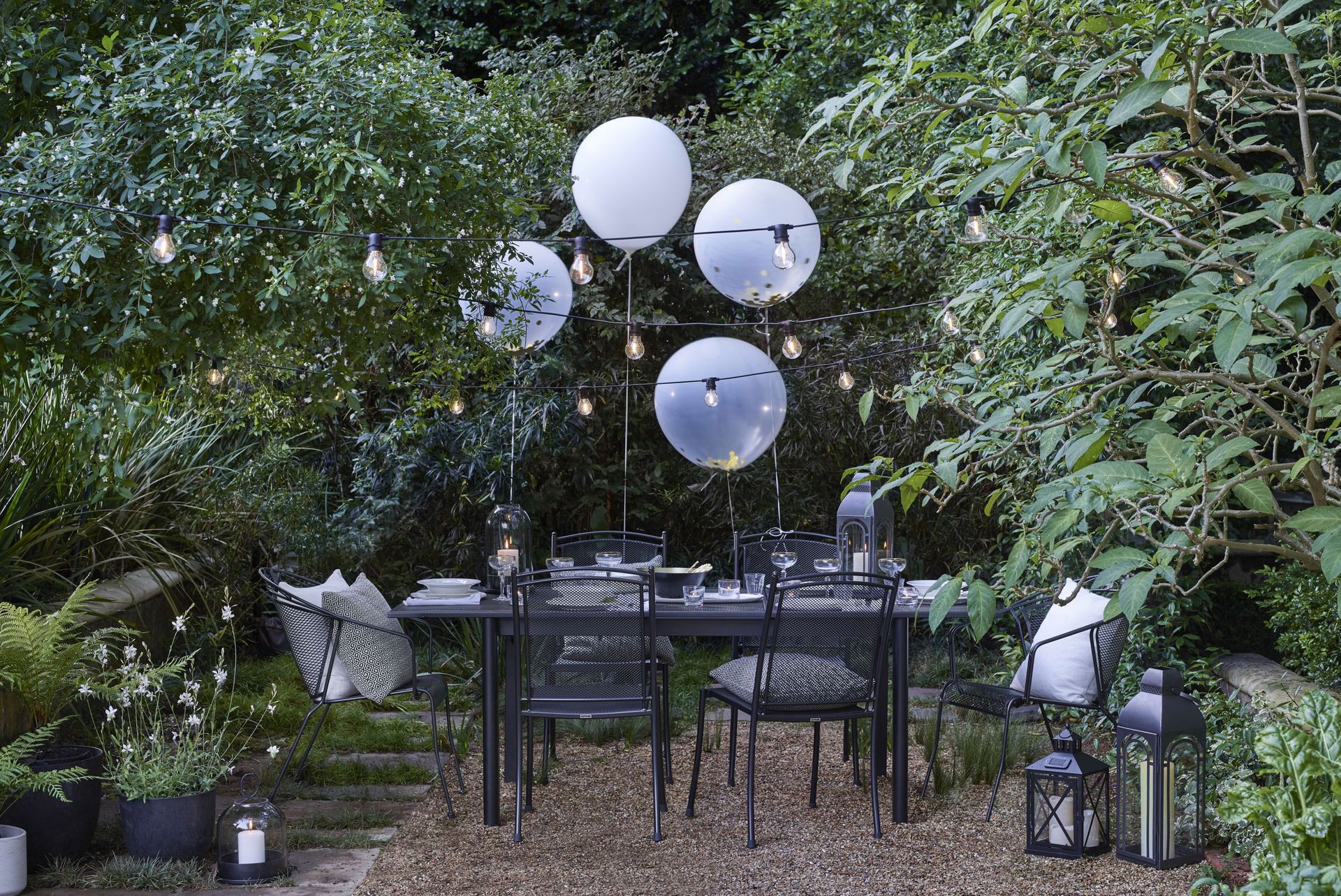 <p>                     Decorating your garden with some balloons adds an instant celebratory touch whatever the occasion. Choose clear ones that have been pre-filled with sparkly confetti for a stylish look.                   </p>                                      <p>                     Sticking to one design makes more of a statement and is a great way of dressing up an outdoor table.                   </p>