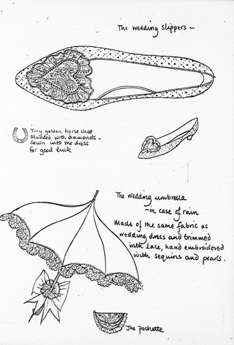 <p>As with any outfit, the dress just wouldn't be the same without the accessories. This sketch shows Princess Diana's heart slippers, created by Clive Shilton, along with the tiny golden horseshoe design sewn into her gown for good luck. And don't forget the lacy umbrella and pochette.</p>