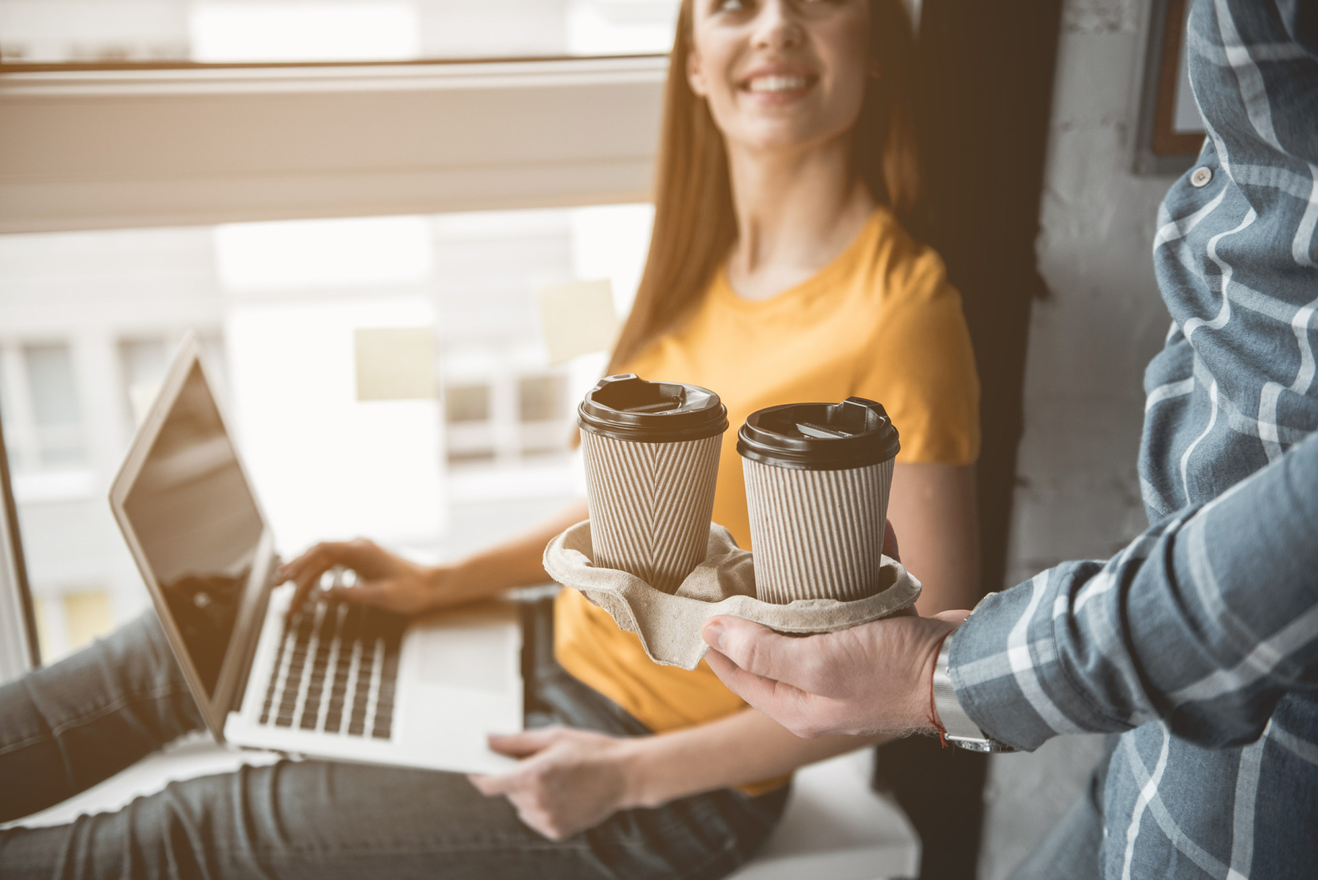 Coffee brings friends closer. Bringing Coffee to Desk photo. Coffee brings friends together social Media Post'. Coffee brings friends closer (Night setting).