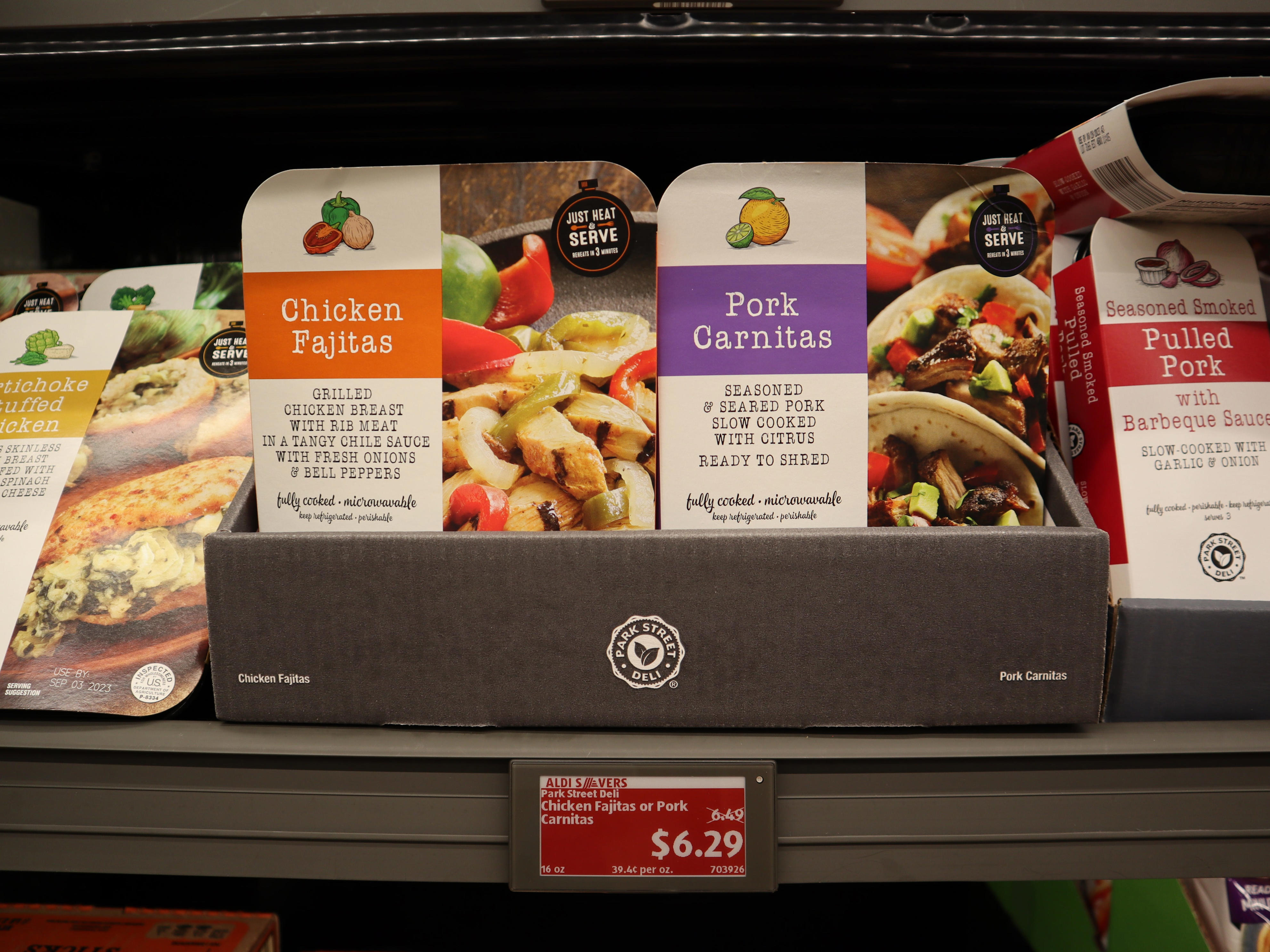 <p>The Park Street Deli microwaveable meals are fully cooked and need to be refrigerated, so we'll grab these when we want <a href="https://www.insider.com/review-aldi-best-frozen-meals-worth-buying-from-chef">something hearty</a> but don't feel like leaving our hotel to go out to dinner.</p><p>There are a variety of microwavable meals to choose from, including pork carnitas, chicken fajitas, and pulled pork. My favorite flavor is the artichoke-stuffed chicken, which can last two to three meals when paired with rice.</p><p>Depending on the type you get, the Park Street Deli meals cost $6.50 to $7.50 each.</p>