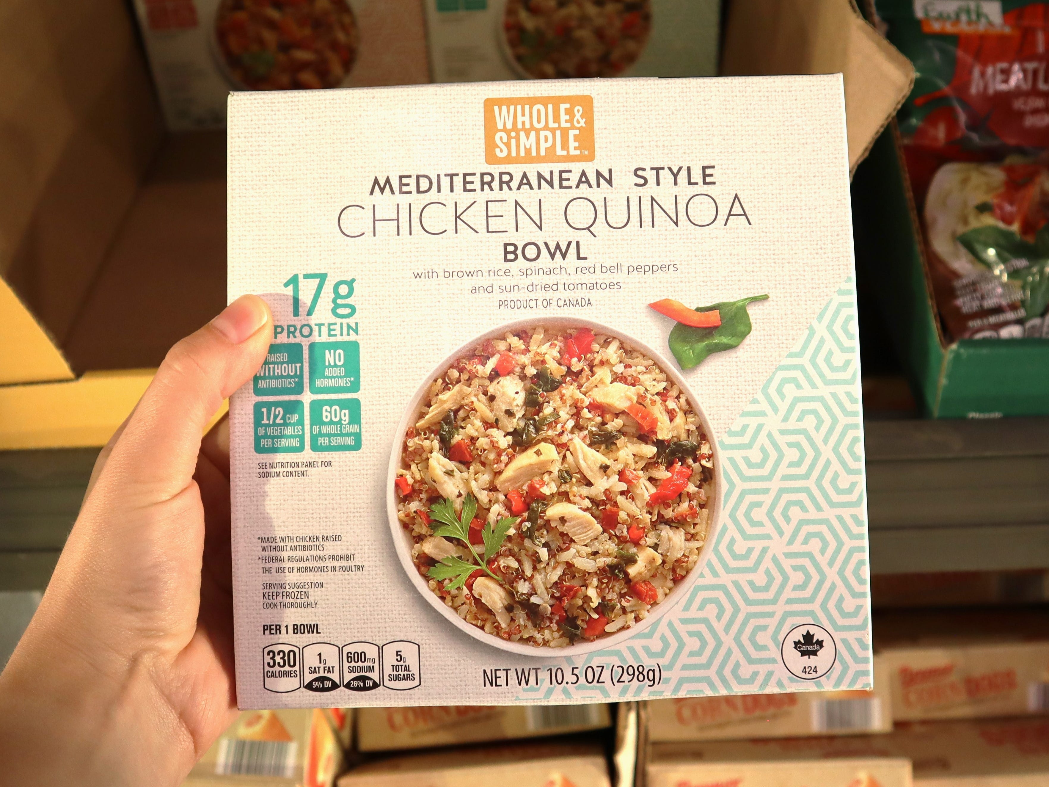 <p>The Whole and Simple Mediterranean chicken quinoa bowls are a delicious Aldi find. The sun-dried tomatoes and spinach really please my palate. </p><p>You can find the Whole and Simple quinoa bowls in Mediterranean and Southwestern flavors in the freezer section. I'll often put them in a small <a href="https://www.insider.com/things-to-get-for-lunch-at-trader-joes-2019-8">lunch</a> box with an ice pack to keep them cool.</p><p>I also like that the quinoa bowls contain 16 to 17 grams of protein, so they'll keep you full. You can find the Whole and Simple quinoa bowls for $3.50 each.</p>