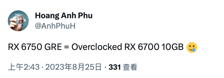 消息称 AMD RX 6700GRE 显卡为超频版 RX 6700 10GB