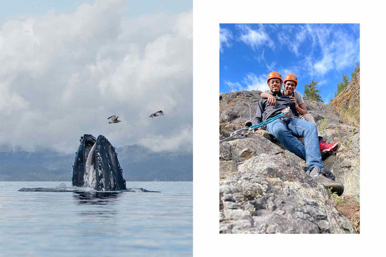 From left: A humpback whale breaks the surface just off Port Hardy, on Canadaâs Vancouver Island; the authorâs sons, Ethan (left) and Cameron, climbing the via ferrata in Tweedsmuir Provincial Park.