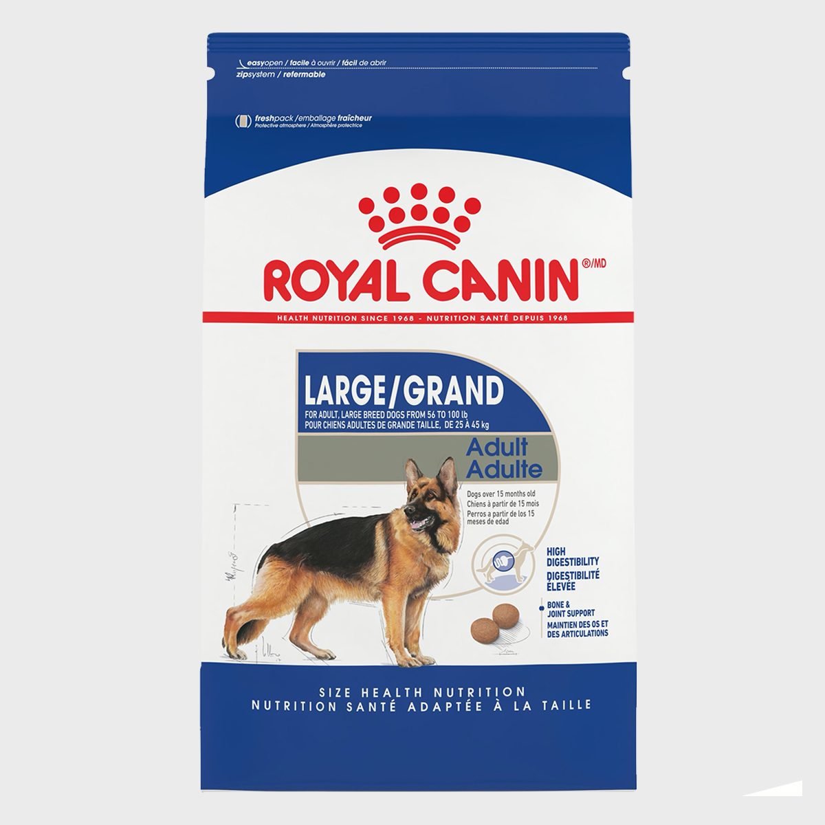 <p>Royal Canin is a quality brand, so when your large breed puppy reaches adulthood at 15 months, you can graduate to this formulation. "I like it best because it's formulated to be easily digested while supporting healthy bones and joints," says Dr. Burch. "It also has added the fatty acids of EPA and DHA, which help promote healthy joints, skin, and coat." Depending on your dog's energy level and weight, you can customize the portion size using Royal Canin's feeding guide, which recommends feeding 75-pound dogs that are moderately active four cups per day. Speaking of maintaining your pup's coat, you'll want to bookmark these tips on <a href="https://www.rd.com/article/how-to-groom-your-dog/">how to groom your dog</a>.</p> <p><strong>Highlights:</strong></p> <ul> <li>Quality protein and dietary fiber for good digestion</li> <li>Supports healthy bones and joints</li> <li>Satisfies a large dog's appetite</li> </ul> <p class="listicle-page__cta-button-shop"><a class="shop-btn" href="https://www.petco.com/shop/en/petcostore/product/royal-canin-maxi-large-breed-adult-dog-food">Shop Now</a></p>