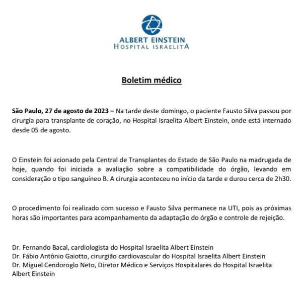 Nota do Albert Einstein confirma transplante do apresentador Fausto Silva