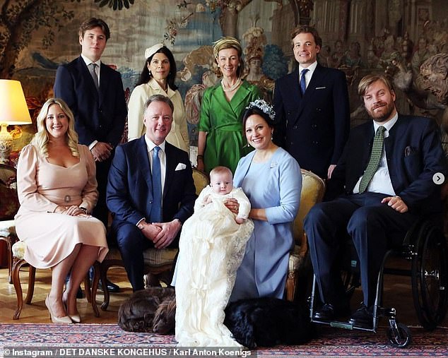 Christian (standing, far left), 17 - who is the son of Crown Prince Frederik and Crown Princess Mary - is one of the six godparents baby Gustav will have. Pictured standing from left to right: Christian, Ellen Hillingsø, Arabella Gaggero, Prince Franz-Albrecht and Prince Carl-Anton. Pictured seated from left to right: Princess Theodora of Greece, Prince Gustav, Prince Gustav Albrecht and Princess Carina