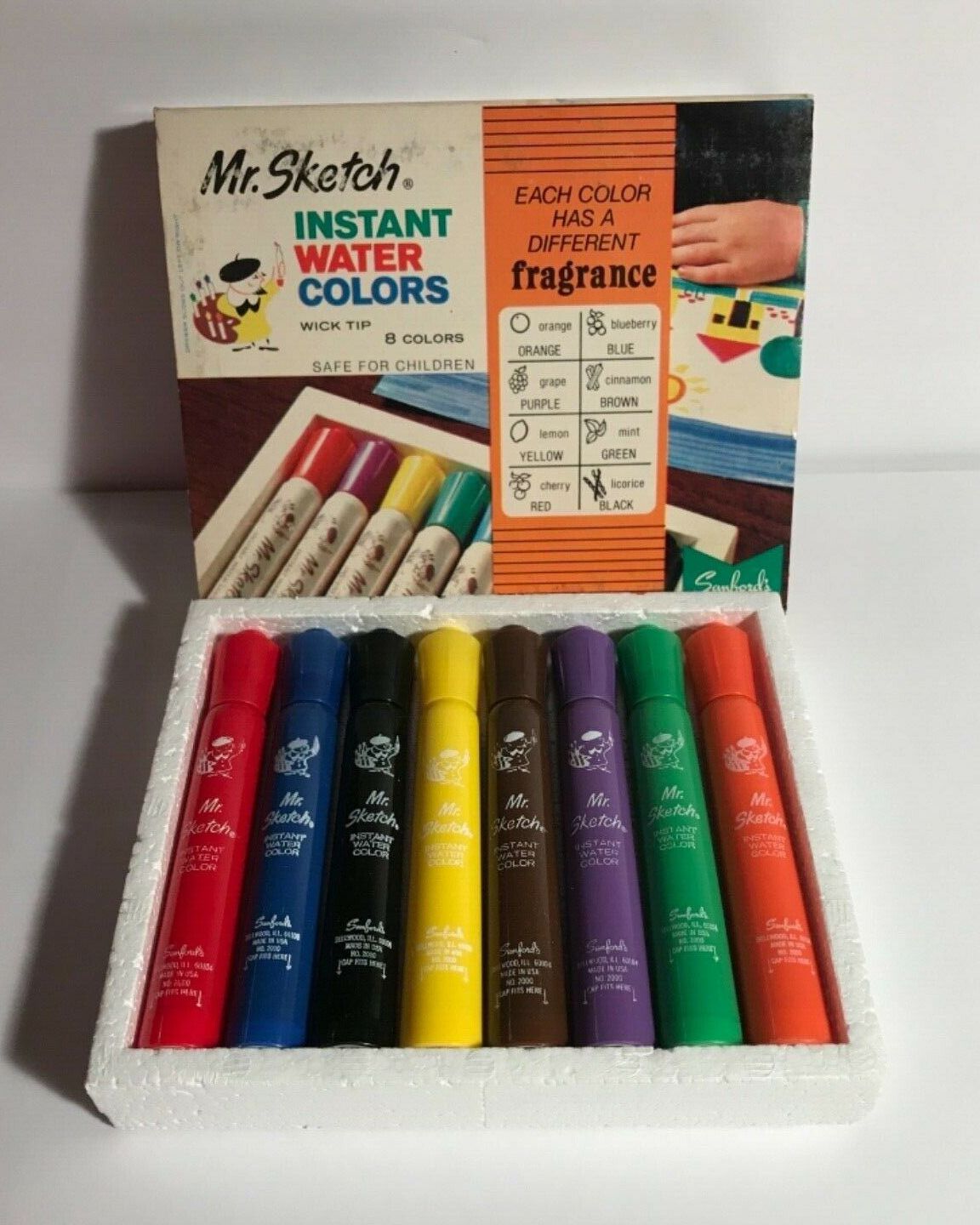 Markers used to be a sweeter-smelling affair. Mr. Sketch markers were introduced in the mid-1960s, and kids' masterpieces used to smell like cherry (red), grape (purple), mint (green) and a host of other scents. Though never off the shelves entirely, Mr. Sketch was reintroduced in 2014 to a new generation with <a href="https://www.washingtonpost.com/news/arts-and-entertainment/wp/2015/01/19/nostalgia-smells-like-grape-scented-markers-mr-sketch-is-back/">a commercial that featured a flatulent blueberry</a>. Today the markers are available at major retailers <a href="https://www.walmart.com/ip/Mr-Sketch-Scented-Chisel-Tip-Marker-Set-12-Color/15066113">including Walmart</a>, but don't be surprised if your kid's supply list insists on Crayola.