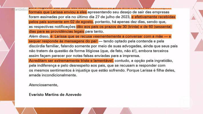 Nota dos pais de Larissa Manoela enviada ao 'Fantástico' Foto: Reprodução/TV Globo