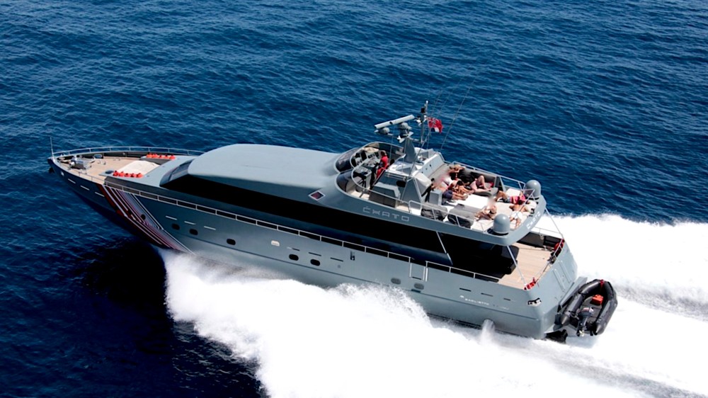 <p>Back in the mid-1980s, passionate Baglietto customer and leading US Porsche and VW dealer Baron John von Neumann, commissioned a new 85-ft. speed demon from the Italian builder. The entrepreneur was tired of his 34-knot (39-mph) Baglietto getting creamed from Monaco to St. Tropez by faster cruisers. With a hull design by the legendary Alcide Sculati, the all-aluminum <em>Chato</em> came with MTU’s latest 3,480hp V16s coupled to KaMeWa waterjets. Weighing 60 tons, and packing almost 7,000 hp, the military-looking superyacht with its battleship-gray paint and bright-red diagonal hull stripes, hit an astonishing top speed of 62.5 knots (71.9 mph) during sea trials. <em>Chato</em> is currently for sale in the South of France for $715,000.</p>