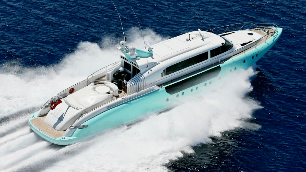 <p>Exterior designed by Espen Øino with an interior by Franco Zuretti, the all-aluminum Moon Goddess is a 115-foot yacht with a turquoise hull that matches the color of its oversized leather sunpads. When cruising at 30 knots (34.52 mph) or tearing up the oceans at 45 knots (51.78 mph), most other boats just catch a glimpse of sea spray that the planing yacht leaves in its wake. It’s powered by twin MTU 16V 4000 M90 diesel engines with twin water jets, which generate a combined 7,498 hp.</p>