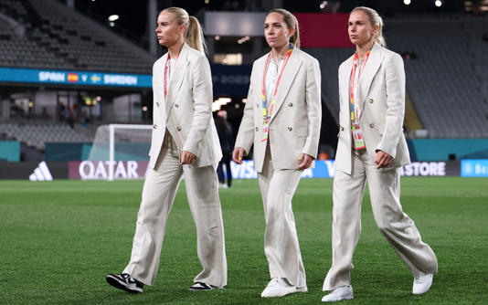 Stina Lennartsson, Elin Rubensson and Jonna Andersson of Sweden inspect the pitch prior to the FIFA Women's World Cup Australia & New Zealand 2023 Semi Final match between Spain and Sweden at Eden Park on August 15, 2023 in Auckland