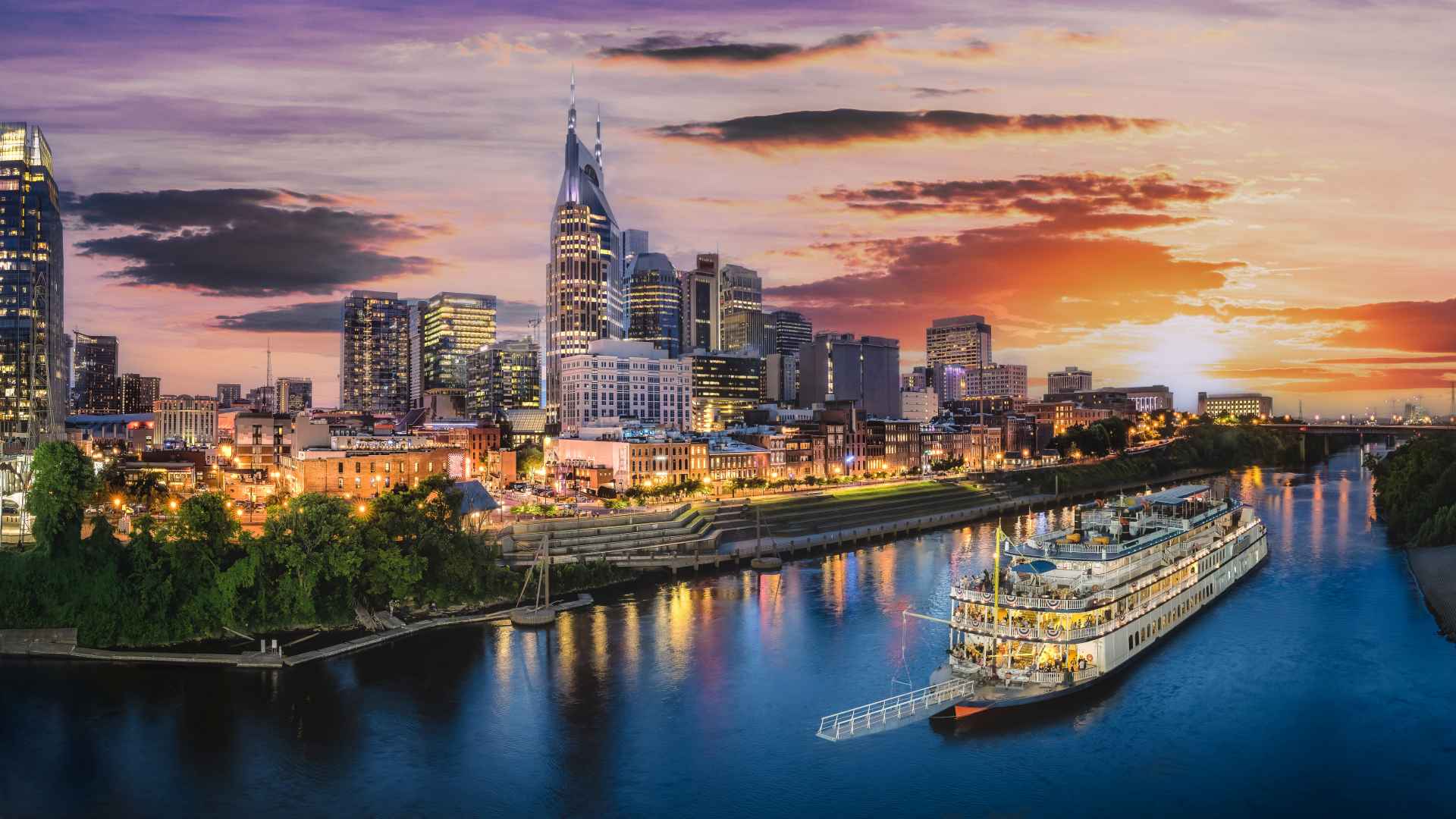 Nashville skyline with river and sunset