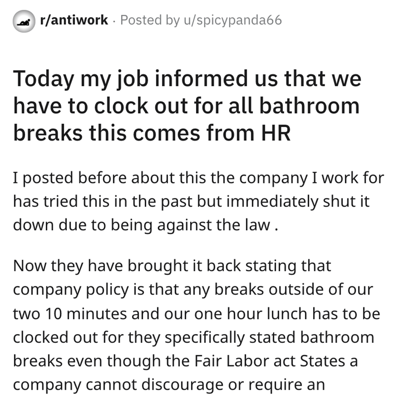 Hr Requires Employees To Clock Out Before Using Restroom