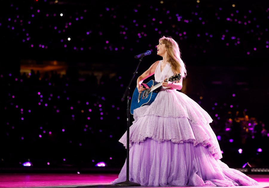 <p>Swift beamed in a Nicole + Felicia lilac ball gown while performing her <em>Speak Now</em> section of the concert at SoFi Stadium.</p>
