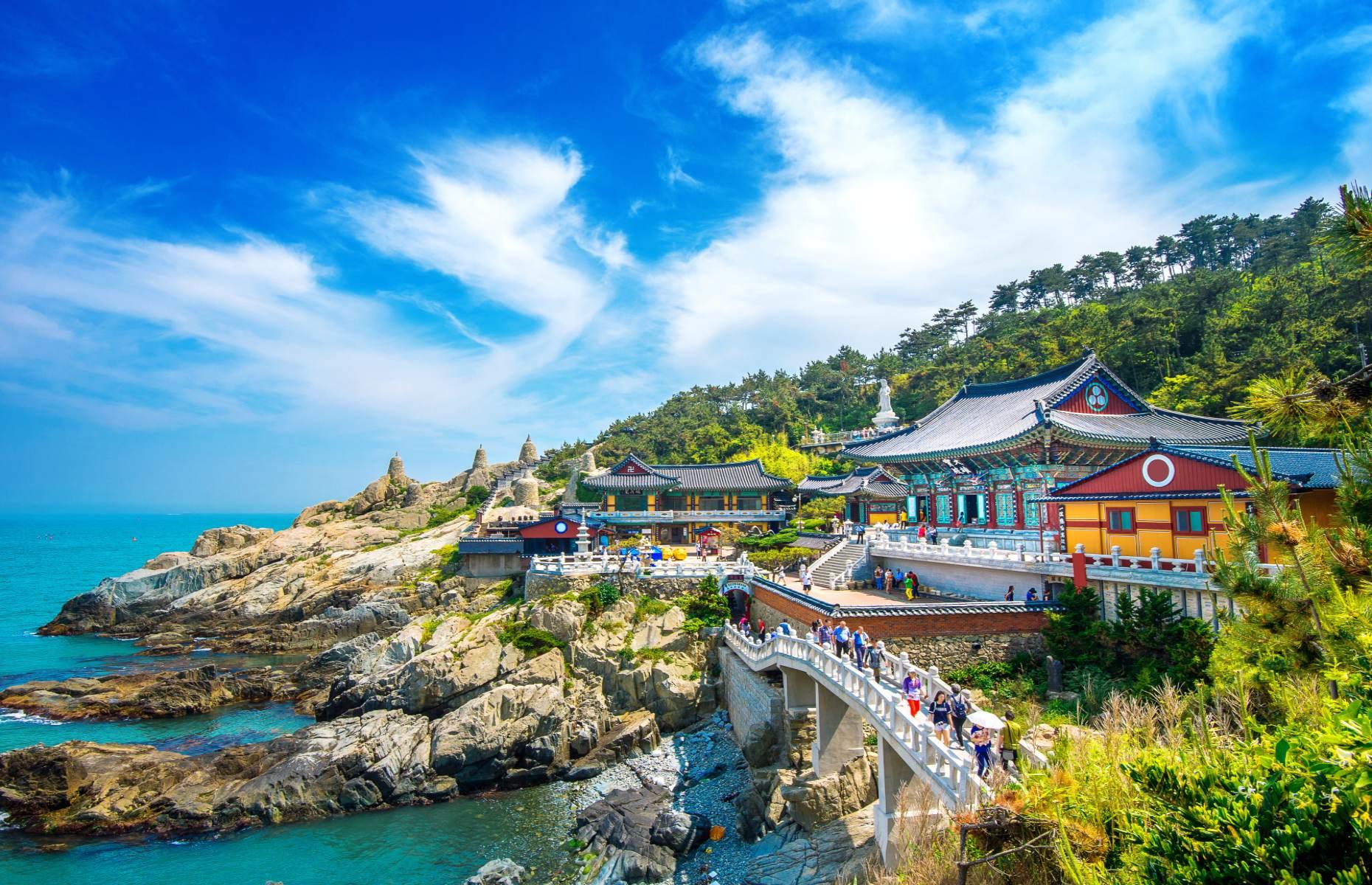 <p>While many of Korea’s most impressive temples are tucked away in the mountains, Haedong Yonggungsa Temple is found right by the sea. This Busan beauty was built in the 14th century and, though it's been restored and reconstructed over the years, it retains an elegant atmosphere. There are 108 steps lined with stone lanterns which guide you along the rocky shore, leading you to the temple's vibrantly-colored facades.</p>  <p><a href="https://www.facebook.com/loveexploringUK?utm_source=msn&utm_medium=social&utm_campaign=front"><strong>Love this? Follow us on Facebook for travel inspiration and more</strong></a></p>