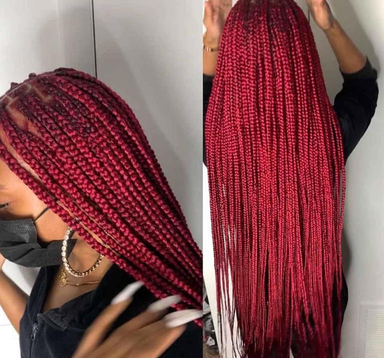 Long and burgundy knotless braids hairstyle. Photo: @fayeedidit Source: Instagram
