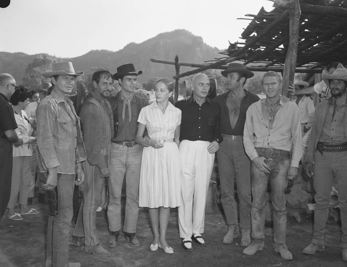 <p>The Western film <i>The Magnificent Seven</i> hit theaters in 1960, introducing the world to seven gunslingers who were hired to protect a small town from bandits. While the film originally garnered mixed reviews, The Library of Congress still found it significant enough to add to the United States National Film Registry in 2013.</p> <p>This behind the scenes shot shows the seven stars, Yul Brynner, Brad Dexter, Steve McQueen, Charles Bronson, James Coburn, Robert Vaughn, and Horst Buchholz.</p>