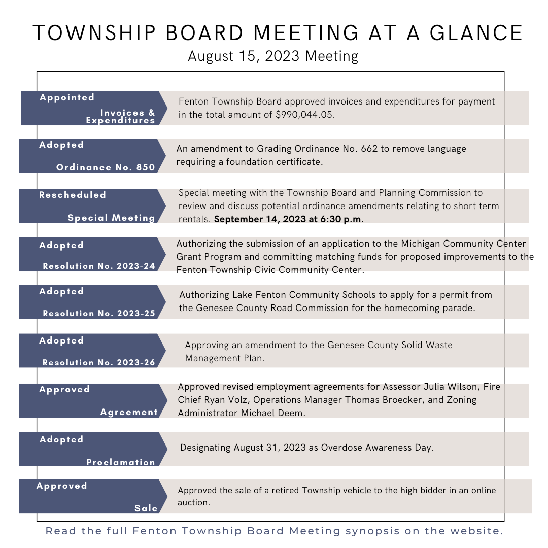 Fenton Township Board Meeting August 15, 2023 At A Glance Charter Township of Fenton