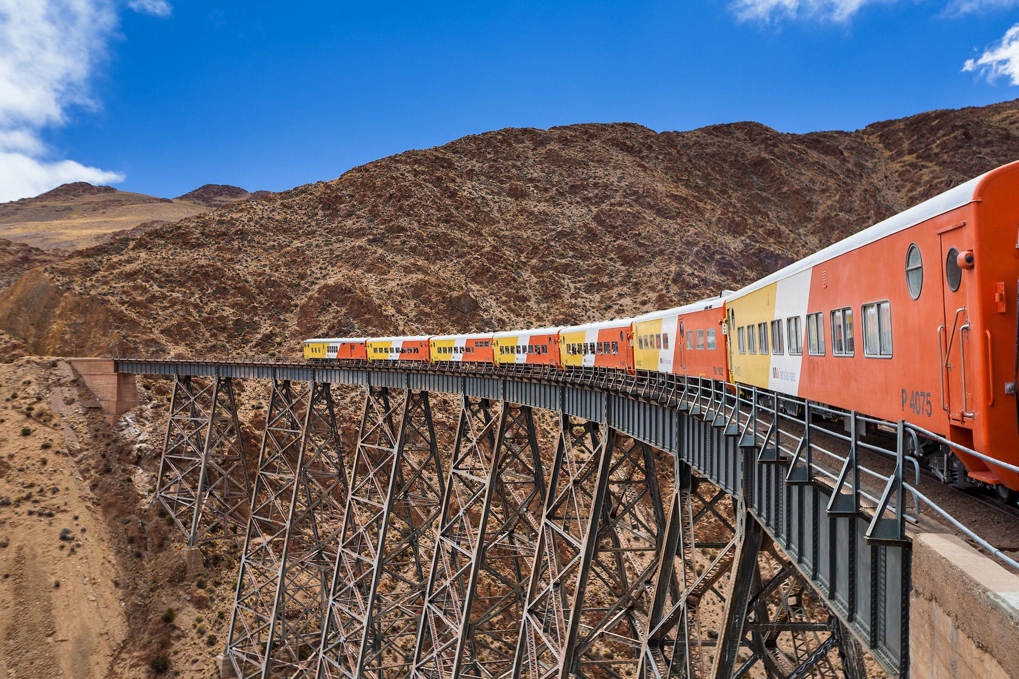 <p><strong>Country</strong>: Argentina</p><p><strong>Duration of trip</strong>: 15 hours</p><p><strong>Description: </strong>The "Tren a las Nubes" follows zig-zag tracks across the rugged Andes on its way from Salta, Argentina, to the Chilean border. It's one of the highest train rides in the world. Read more <a href="https://www.insider.com/taking-train-to-the-clouds-what-its-like-tren-las-nubes-argentina">about what the journey is actually like here</a>. </p><p><strong>Cost: </strong>Approximately $84</p><p><em>Source: <a href="https://trenalasnubes.com.ar/inicio-en/" rel="nofollow noopener">Train to the Clouds</a></em></p>