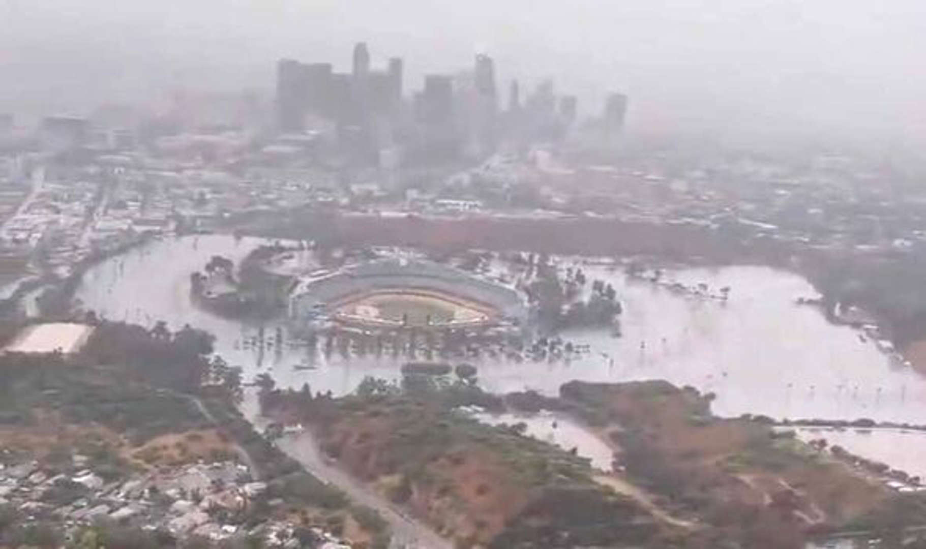 Dodger Stadium has been turned into an island by the post-tropical cyclone.