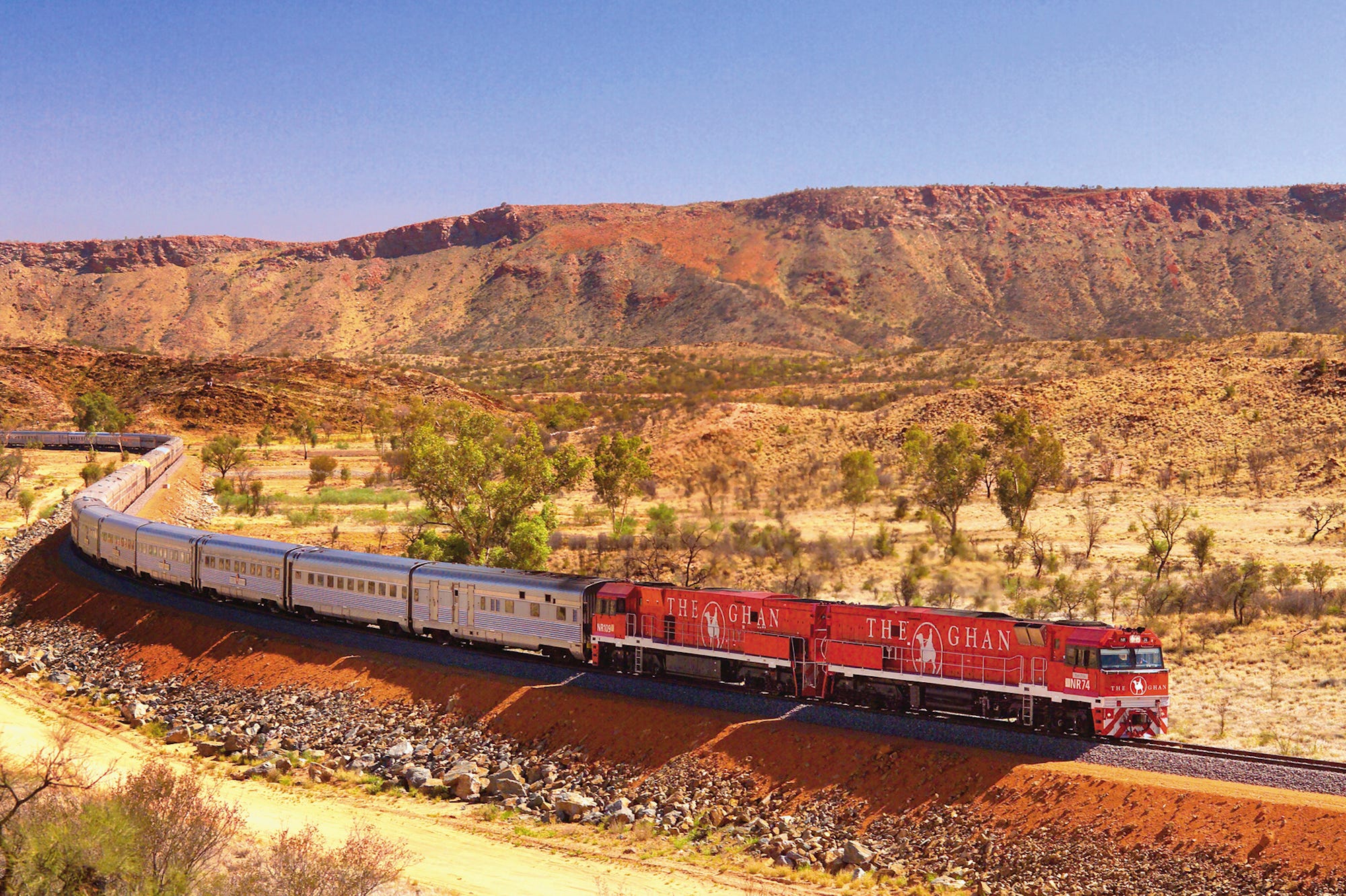<p><strong>Country</strong>: Australia</p><p><strong>Duration of trip</strong>: 54 hours</p><p><strong>Description: </strong>The Ghan takes riders through the fiery red center of Australia, offering access to the dramatic scenery and indigenous sites that are off-limits by other modes of transit.</p><p><strong>Cost: </strong>Packages start at approximately $2,050</p><p><em>Source: <a href="http://www.greatsouthernrail.com.au/trains/the-ghan" rel="nofollow noopener">Great Southern Rail</a></em></p>