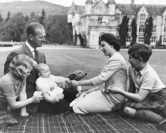 Queen Elizabeth II with Philip and their children at Balmoral in 1960