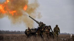 Ukrainian artillery teams fire Pions toward Russian positions in Bakhmut Shutterstock