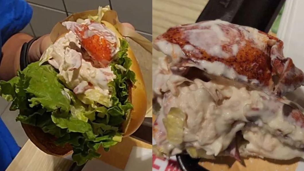 一名網友帶著阿嬤去吃「螯龍蝦堡」，結果蝦肉竟全掉到桌上、地板。（圖／翻攝自Dcard）