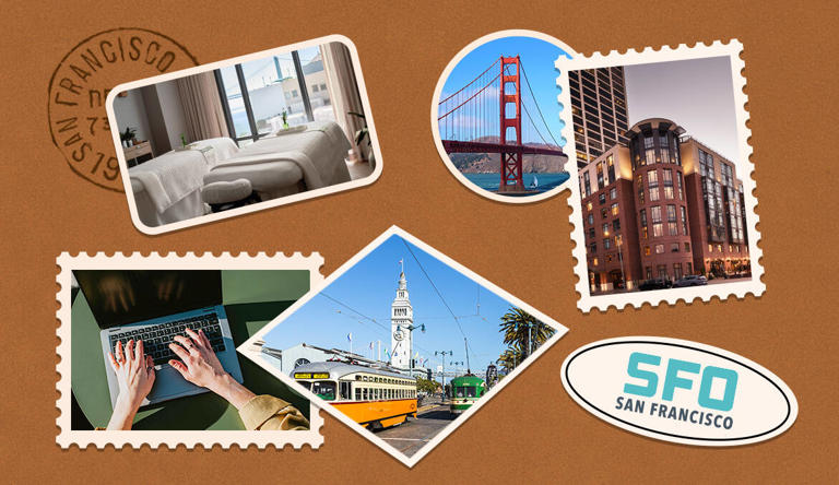 A stylized image of pictures of San Francisco landmarks and the 1 Hotel San Francisco.
