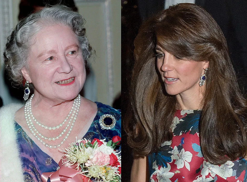 <p>Here we are given the chance to take a peek back through history and see the Queen Mother wearing some of her favorite jewels, known as the diamond and sapphire fringe earrings, in 1986 as she attended a birthday celebration.</p> <p>On the right, the Duchess of Cambridge Kate Middleton wore the same pair of earrings as she arrived at a gala at the Victoria and Albert Museum in London on October 27, 2015.</p>