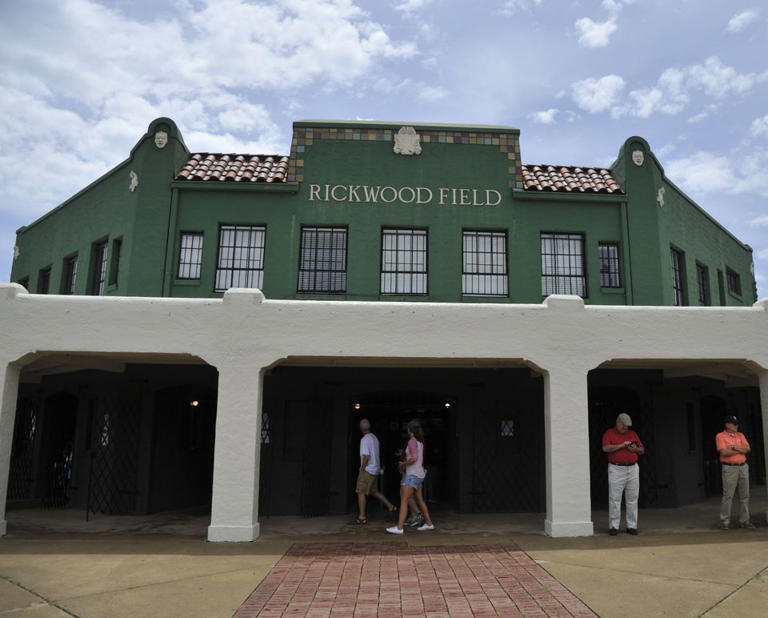 Fans enter the stadium to watch the Birmingham Barons vs. the Chattanooga Lookouts in the 2018 Rickwood Classic at Birmingham's historic Rickwood Field on May 30 2018.