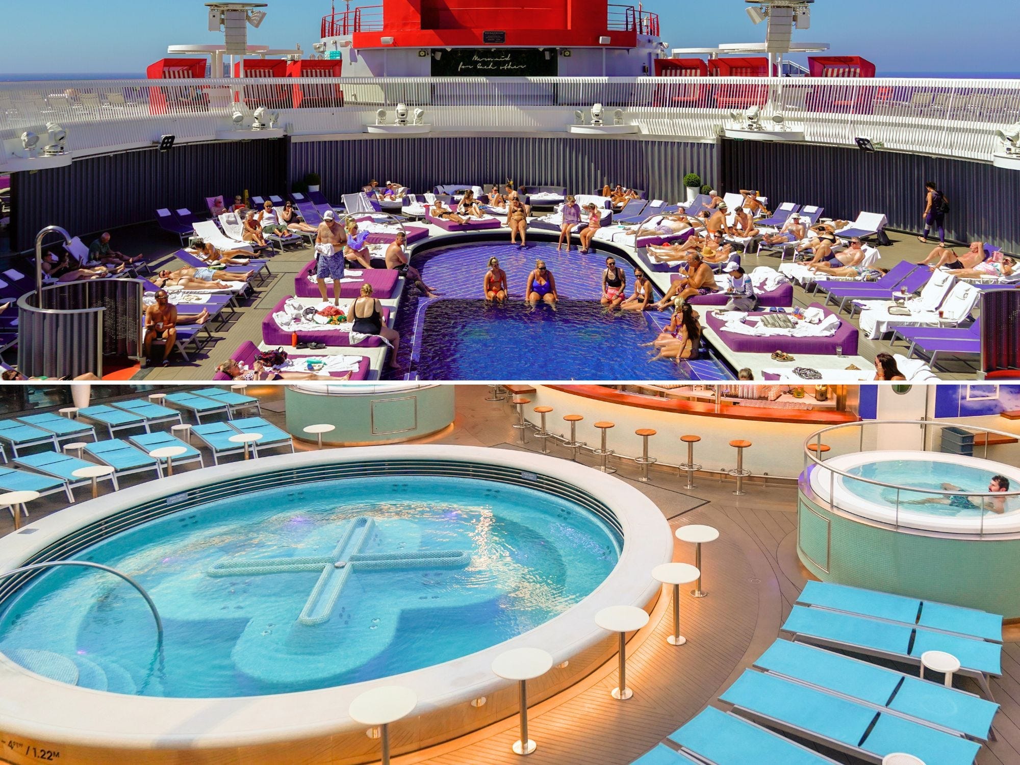 <p>The Aquatic Club is on deck 15 and has two pools separated by a bar — the main pool and the Well-Being Pool. </p><p>For a beach club vibe, I recommend the main pool because it's bigger and has music playing all the time. I was surprised to find that the pool felt relatively smaller than on a typical cruise ship, in my experience. But it was never too crowded to use — even in the afternoons — so this didn't bother me at all. </p><p>On the other side of the deck, The Well-Being Pool is smaller and has seating and jets in the water, so it felt to me like an extra-large whirlpool. But like the main pool, this one was never too crowded to go in either. And unlike the main pool, it was quiet, making it ideal for relaxing and cooling off. </p>