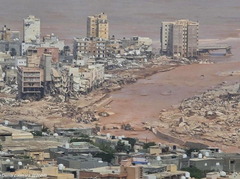 利比亞近日遭遇致命洪災，其中東部港口城市德爾納更是災情慘重。（翻攝自@WxNB_ Twitter）
