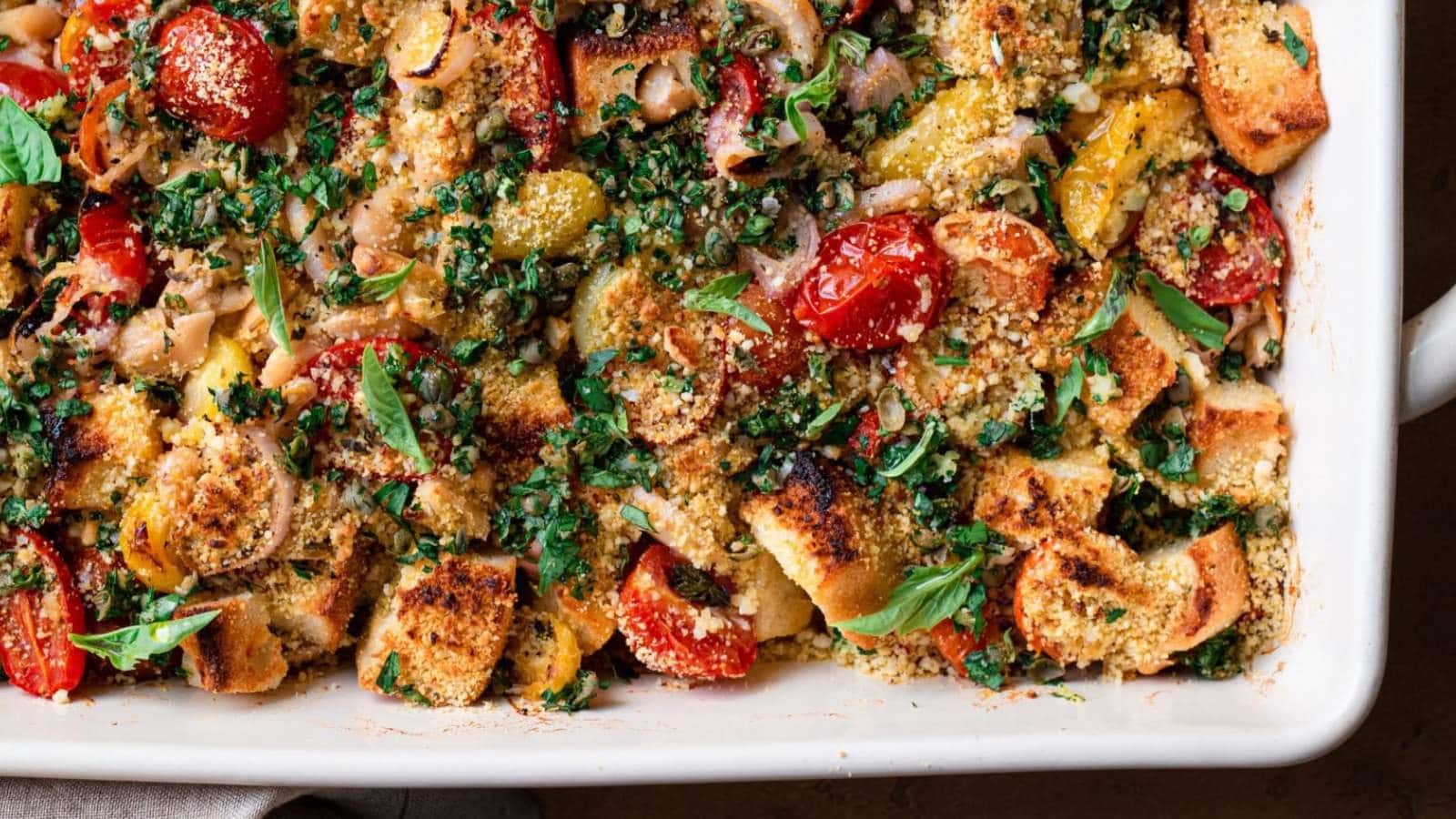 <p>When warmer weather is on the horizon, I love introducing lighter dishes into the rotation, like this Tomato and White Bean Casserole. Think of it as a Panzanella salad but in casserole form (Panzanella is an Italian tomato and bread salad).</p><p><strong>Get the Recipe: <a href="https://rainbowplantlife.com/tomato-and-white-bean-casserole/" rel="noreferrer noopener">Tomato and White Bean Casserole</a></strong></p>