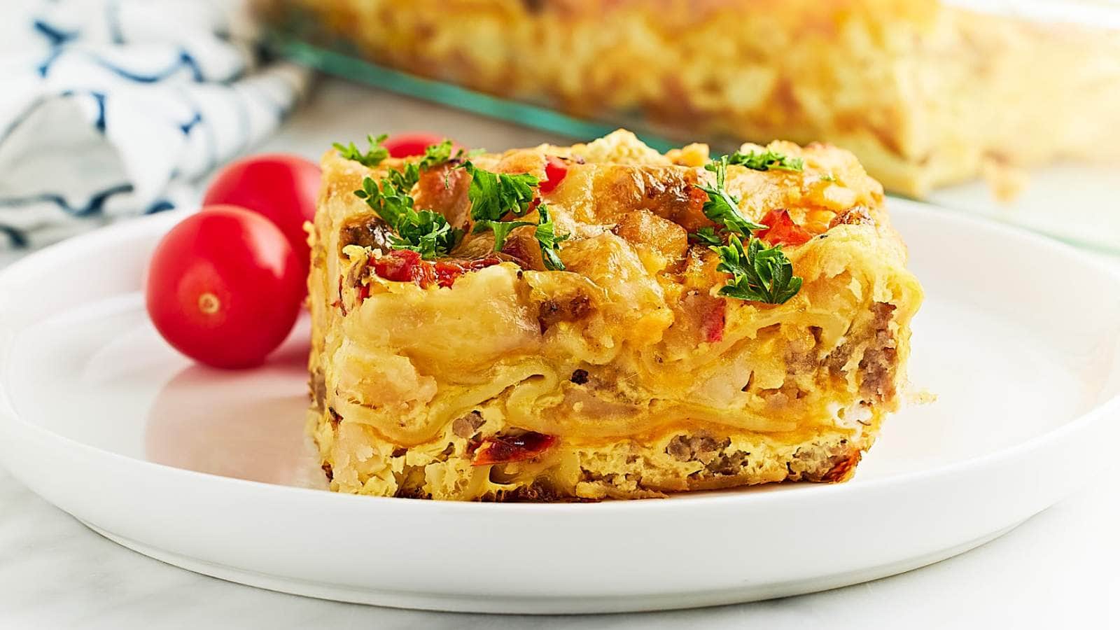 <p>This <strong>Breakfast Lasagna</strong>, with its hearty layers and savory breakfast flavors, is a comforting and satisfying dish that's sure to become a favorite in your home. It's a deliciously satisfying way to start the day, loaded with delicious breakfast sausage, fresh bell peppers, and melted cheese layered between lasagna noodles.</p><p><strong>Get the Recipe: <a href="https://cheerfulcook.com/breakfast-lasagna/" rel="noreferrer noopener">Breakfast Lasagna</a></strong></p>