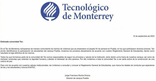 El Tec de Monterrey campus Puebla emitió su postura sobre los hechos.