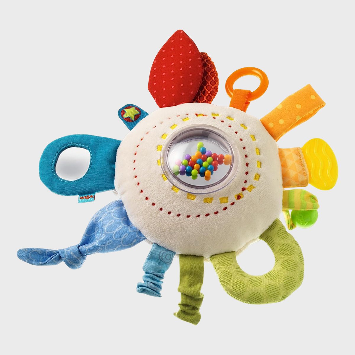 <p>From textures and tags to crinkles and rattles, this <a href="https://www.amazon.com/HABA-Teether-Cuddly-Rainbow-Round/dp/B0169SG5Z0" rel="noopener noreferrer">busy toy</a> has all the things babies love. In addition to the colorful tabs and tags, they'll also love the soft, plush texture. And since it's bound to end up in the baby's mouth, parents will appreciate the fact that this toy is machine-washable. Just toss it in the delicate cycle with one of these <a href="https://www.rd.com/article/safest-laundry-detergents/" rel="noopener noreferrer">safe laundry detergents</a> and lay it flat to dry.</p> <p class="listicle-page__cta-button-shop"><a class="shop-btn" href="https://www.amazon.com/HABA-Teether-Cuddly-Rainbow-Round/dp/B0169SG5Z0">Shop Now</a></p>
