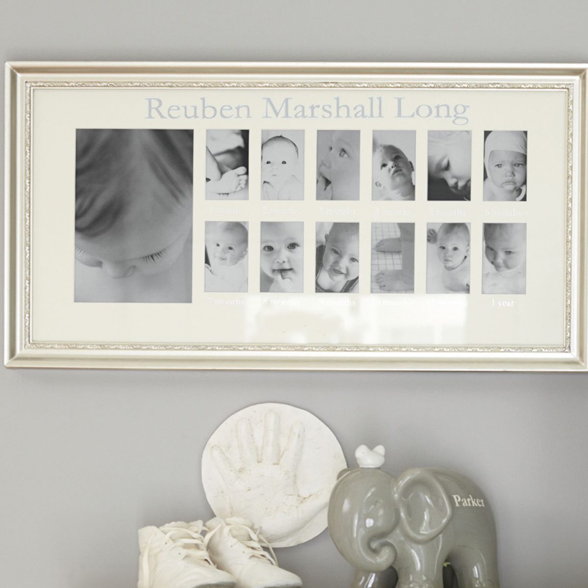 <p>This beautiful <a href="https://www.potterybarnkids.com/products/silver-leaf-first-year-frame/" rel="noopener noreferrer">frame</a> gives excited new parents a spot to put all of those monthly <a href="https://www.rd.com/list/10-funny-babies-making-faces/">baby photos</a> they diligently take. It features solid wood and a finish with silver leaf and measures 22 inches wide and 11.5 inches high. The mat, which has the option to personalize it with the baby's name, has a spot for 12 2-inch by 3-inch photos as well as one 5-inch by 7-inch photo of their new bundle of joy.</p> <p class="listicle-page__cta-button-shop"><a class="shop-btn" href="https://www.potterybarnkids.com/products/silver-leaf-first-year-frame/">Shop Now</a></p>
