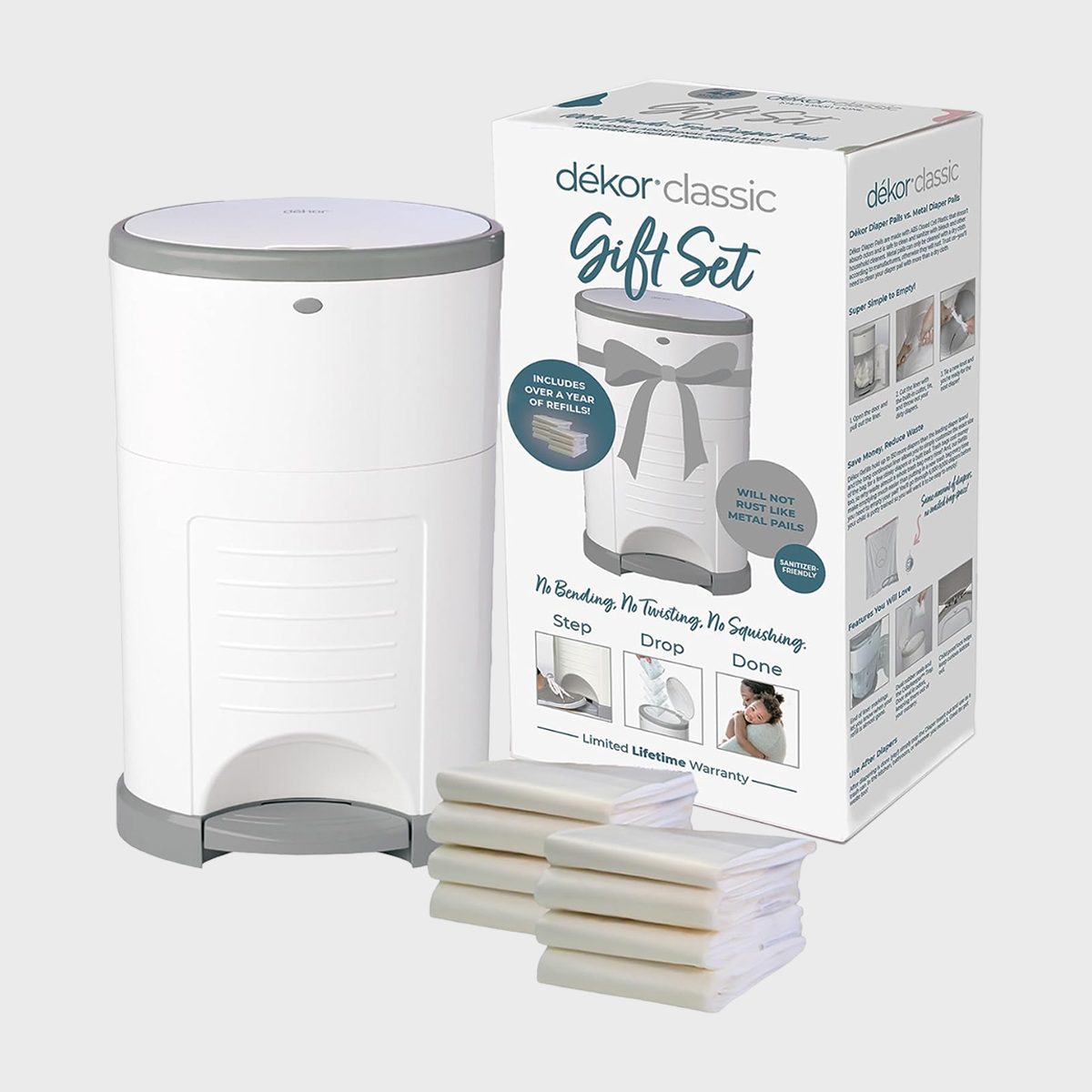 <p>Once the baby moves onto solid foods, watch out. Parents are going to want something to contain that smell. This <a href="https://www.amazon.com/D%C3%A9kor-Classic-Diaper-Pail-Gift/dp/B08TCDR8R2" rel="noopener noreferrer">diaper pail </a>features a large opening so parents don't have to reach in and shove down dirty diapers. It's step, drop and done.</p> <p>The pail features closed-cell ABS plastic which doesn't absorb odors and safely sanitizes with <a href="https://www.rd.com/article/the-most-trusted-cleaning-products-in-america/" rel="noopener noreferrer">household cleaners</a> including bleach. It's amazing how quickly the diapers pile up, so parents will really appreciate the fact that this gift set also comes with a year's worth of refill liners.</p> <p class="listicle-page__cta-button-shop"><a class="shop-btn" href="https://www.amazon.com/D%C3%A9kor-Classic-Diaper-Pail-Gift/dp/B08TCDR8R2">Shop Now</a></p>