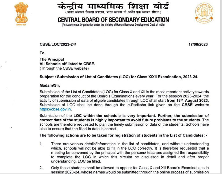 CBSE Extends Last Date To File Class 10, 12 LOC For 2024 Board Exams; Check Notice Here