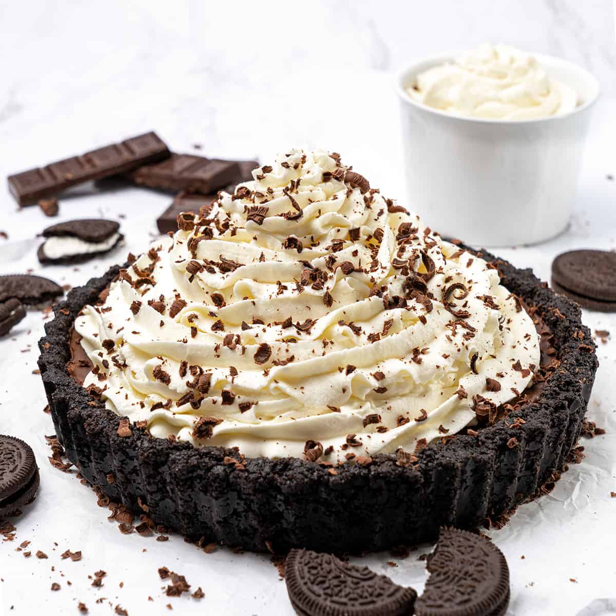 <p>This <strong><a href="https://www.spatuladesserts.com/no-bake-chocolate-pie/">no bake chocolate pie</a></strong> recipe is the ultimate combination of convenience and elegance! Featuring a rich and velvety chocolate ganache filling nestled within a heavenly Oreo cookie crust and crowned with fluffy Chantilly whipped cream, this delightful dessert is a true masterpiece perfect for any occasion and sure to impress any crowd!</p><p><strong>Go to the recipe: <a href="https://www.spatuladesserts.com/no-bake-chocolate-pie/">No Bake Chocolate Pie</a></strong></p>