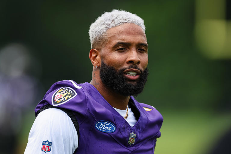 OWINGS MILLS, MD - JULY 27: Odell Beckham Jr. #3 of the Baltimore Ravens looks on during training camp at Under Armour Performance Center Baltimore Ravens on July 27, 2023 in Owings Mills, Maryland. (Photo by Scott Taetsch/Getty Images) Scott Taetsch/Getty Images