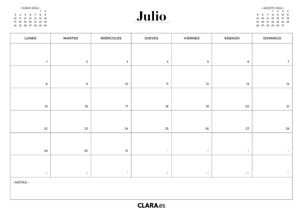 Calendario JULIO 2024 para imprimir gratis en jpg y pdf y con diseño